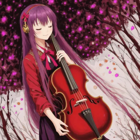 <lora:oilprin:1> , oilprin, 1girl, alternate costume, artist name, closed eyes, commissioner upload, dress, hair ornament, hair ribbon, highres, instrument, long hair, long sleeves, music, playing instrument, purple hair, ribbon, skeb commission, smile, vi...