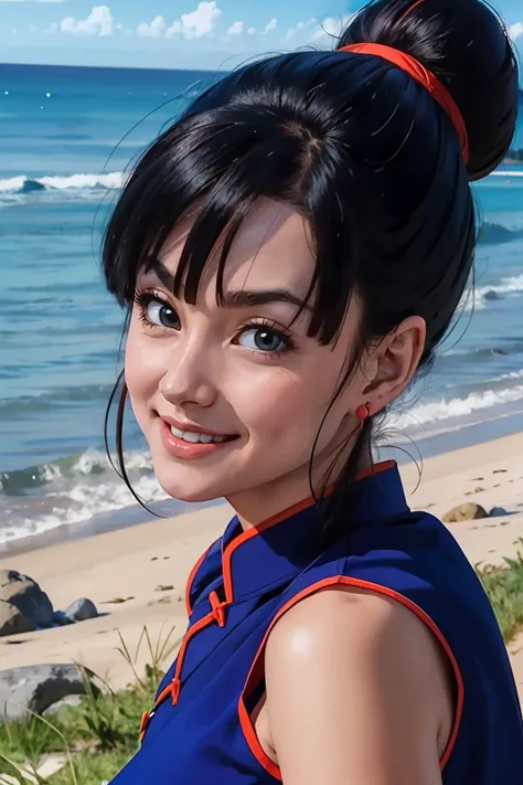 Chi Chi, long black hair, bangs, hair bun, sidelocks, medium breasts, earrings, chinese clothes, blue dress, sleeveless, looking at viewer, smiling, close up, outside, field, cliff, distant ocean, sunny, high quality, masterpiece, <lora:OGT_Chi_Chi-v2:.7>