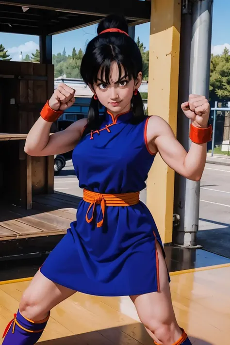 Chi Chi, long black hair, bangs, hair bun, sidelocks, medium breasts, earrings, chinese clothes, blue dress, sleeveless, looking at viewer, serious, smirk, medium shot, fighting pose, fists, outside, fighting tournament, concrete stage, bleachers, blue sky...