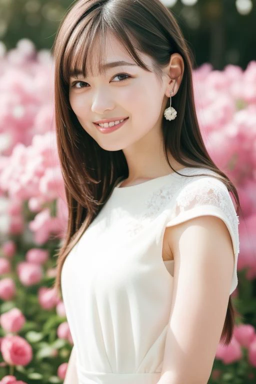 a woman in a white dress standing in front of pink flowers