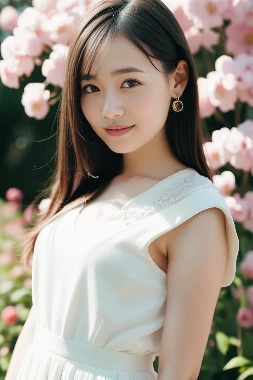 a woman in a white dress standing in front of pink flowers