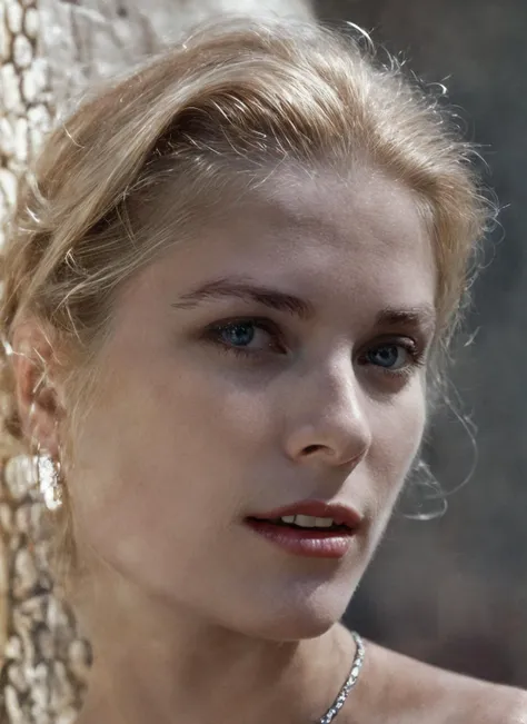 a close up of a woman with a necklace on her neck