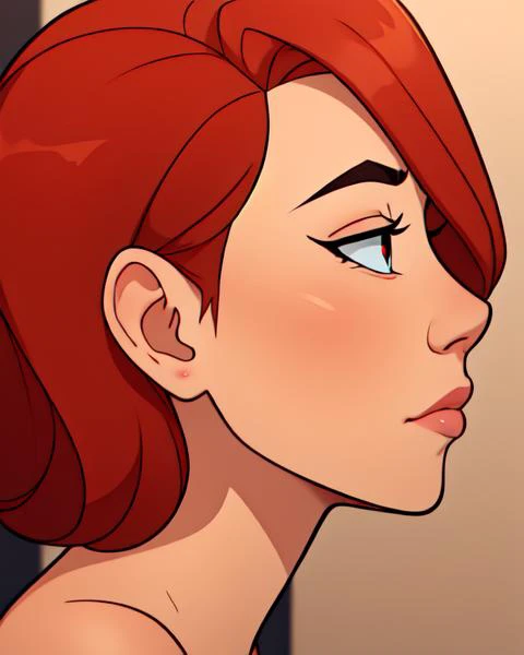 a cartoon of a woman with red hair and blue eyes