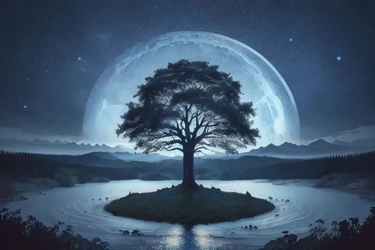 painting of giant tree, dark blue theme, illuminated blue leaves, night vision, fantasy, magical, masterpiece, ultra quality, 12k detailed, birdseye shot, ultra wide angle shot, high angle shot, far angle shot, aspect ratio: 2.39:1(3,840 x 2,160)