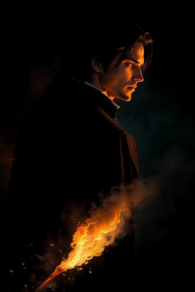 a man in a black coat holding a fire in his hand