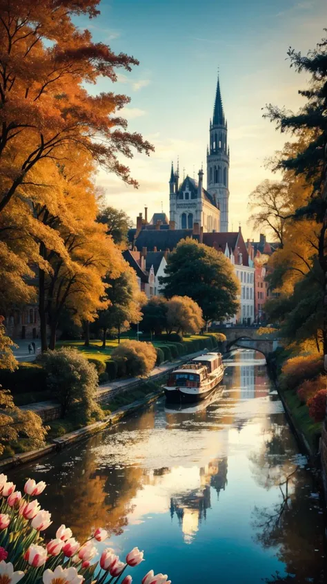 a profestional picutre of  Bruges, Belgium: Bruges charms in spring with its medieval architecture reflected in tranquil canals, cobblestone streets adorned with blooming flowers, and historic squares bursting with the colors of tulips and daffodils. ,
wid...