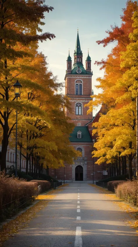 a profestional picutre of  ZamoÅÄ, Poland: ZamoÅÄ, a UNESCO-listed city, resonates with autumn charm in its Renaissance architecture, Market Square, and city fortifications, where fallen leaves create a carpeted path through history. ,
wide angle, land...