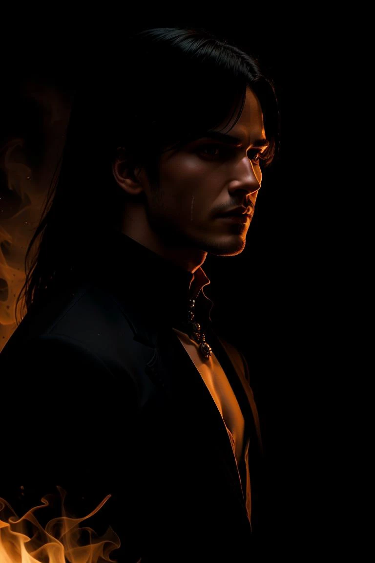 a profesional picture of 1man Damon, the Eternal Vampire was a vampire lord, ancient and powerful, with a demeanor that was both regal and predatory. His hair was a raven black, styled in a coiffure that was both elegant and imposing. His eyes, a deep, cri...