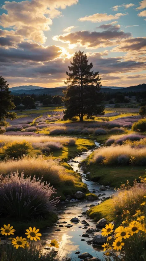 a painting of a stream running through a field of flowers