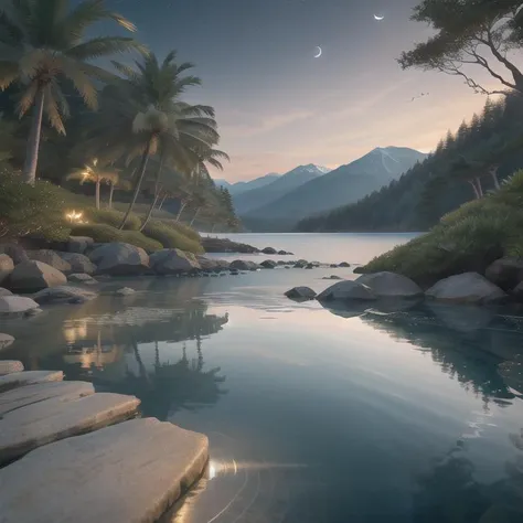 a close up of a river with rocks and trees near a mountain