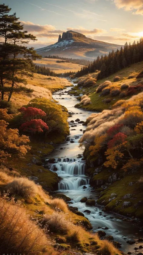 a profestional picutre of  Dartmoor National Park, United Kingdom: Dartmoors granite tors rise from the moorland, surrounded by a tapestry of heather and bracken in varying shades of red and brown. The soft autumn light casts long shadows over the tors, an...