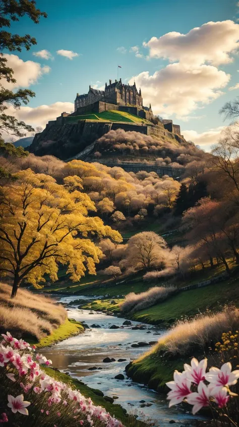 a profestional picutre of  Edinburgh, Scotland: Edinburgh welcomes spring with historic landmarks, like Edinburgh Castle and the Royal Mile, framed by blossoming cherry and magnolia trees, and the citys parks bursting with daffodils and tulips. ,
wide angl...