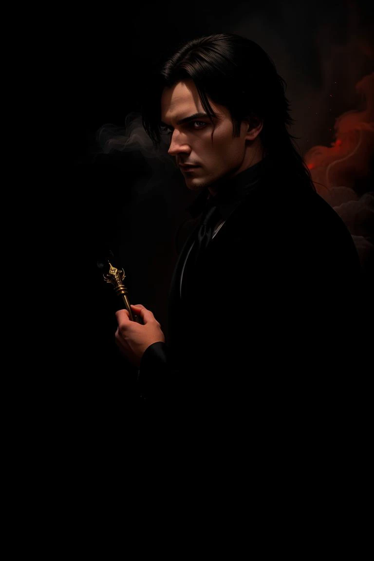 a profesional picture of 1man Damon, the Eternal Vampire was a vampire lord, ancient and powerful, with a demeanor that was both regal and predatory. His hair was a raven black, styled in a coiffure that was both elegant and imposing. His eyes, a deep, cri...