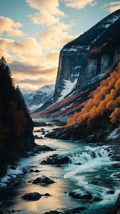 a river flowing through a valley with a mountain in the background