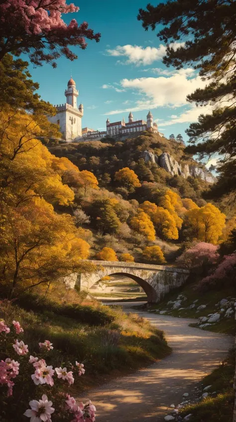 a painting of a castle on a hill with trees and flowers