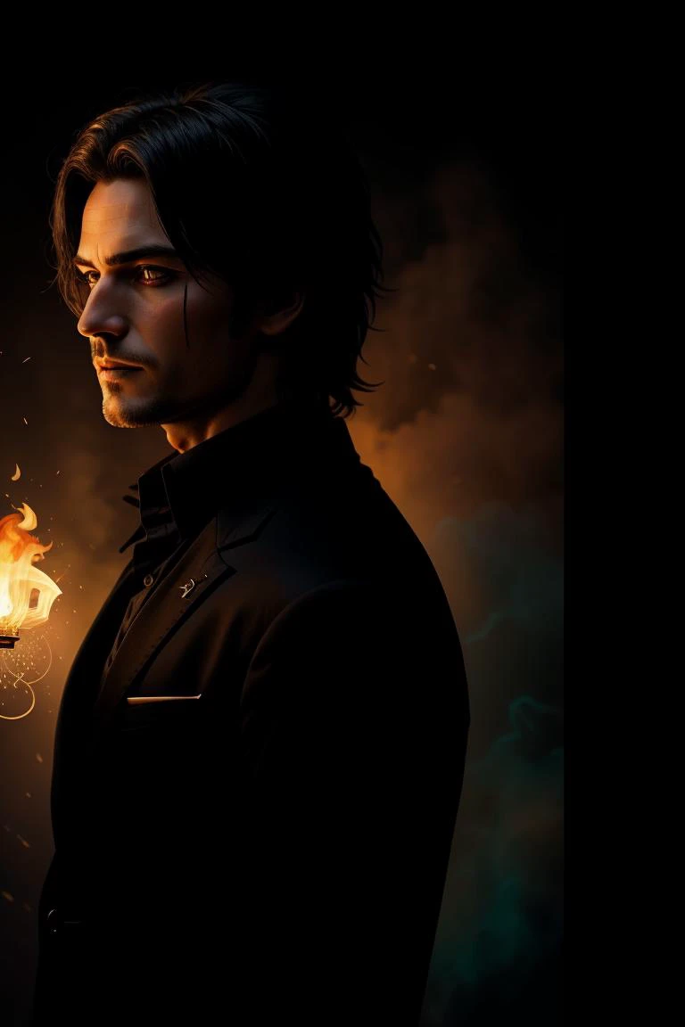 a profesional picture of 1man Damon, the Eternal Vampire was a vampire lord, ancient and powerful, with a demeanor that was both regal and predatory. His hair was a raven black, styled in a coiffure that was both elegant and imposing. His eyes, a deep, cri...