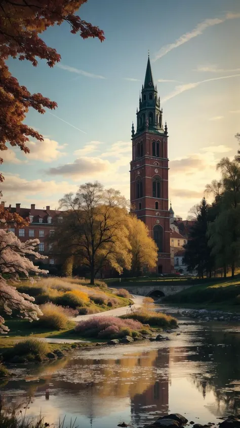 a profestional picutre of  PoznaÅ, Poland: PoznaÅ springs to life in the Old Market Square, where the colorful merchant houses are surrounded by blossoming flowers, and the historic landmarks, including the Town Hall, create a charming backdrop to the ci...