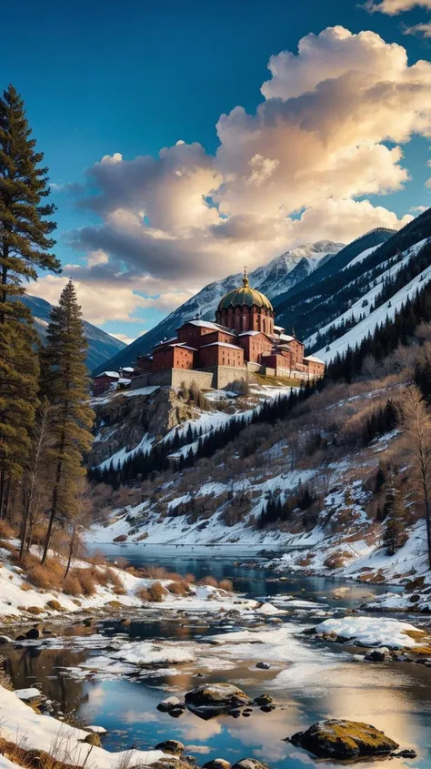 a profestional picutre of  Rila Monastery, Bulgaria: The historic Rila Monastery, a cultural gem, is surrounded by snow-covered peaks in the tranquil Rila Mountains, creating a serene and spiritual winter ambiance.  ,
wide angle, landscape , 
photorealism,...