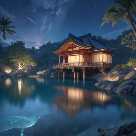 a view of a house on a beach at night with a full moon