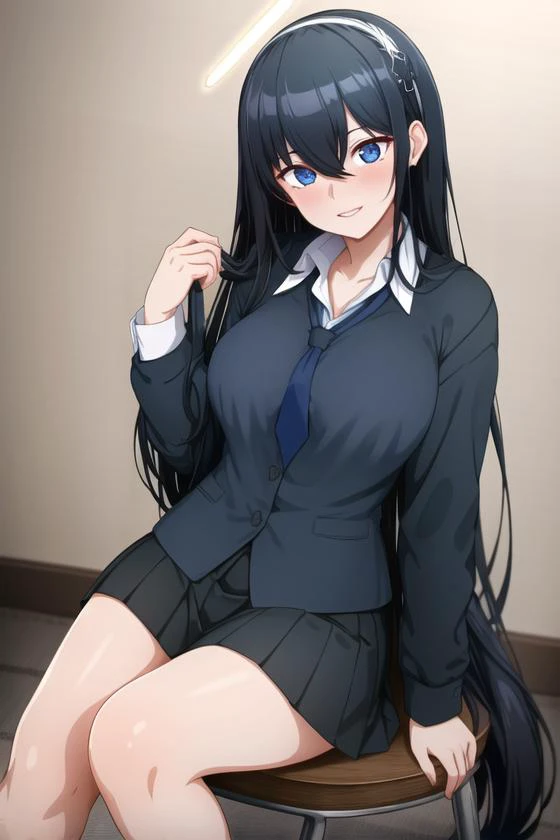 anime girl sitting on a chair with long black hair