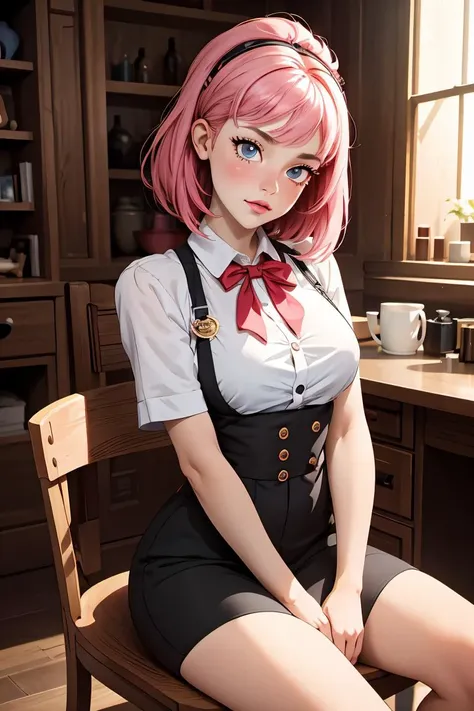 anime girl sitting on a chair in a kitchen with a pink hair