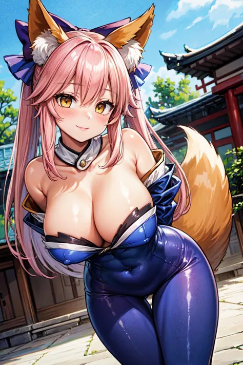 masterpiece,best quality,1girl,mature female,large breasts,wide hips,thick thighs,tamamo no mae,hair bow,fox ears,fox tail,pink hair,yellow eyes,blue bodysuit,cleavage,seductive smile,bent over,arms behind back,town,east asian architecture,outdoors,dutch a...