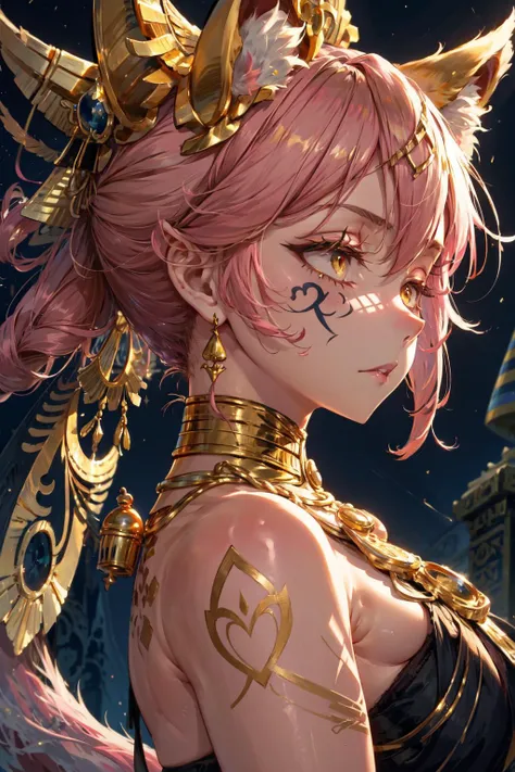 masterpiece,best quality,1girl,mature female,large breasts,wide hips,thick thighs,tamamo no mae,(hair bow),(fox ears:1.2),fox tail,pink hair,yellow eyes,((egyptian clothes,ancient egyptian theme,gold,golden ornaments,gold trim,pharaoh,body tattoo,face tatt...