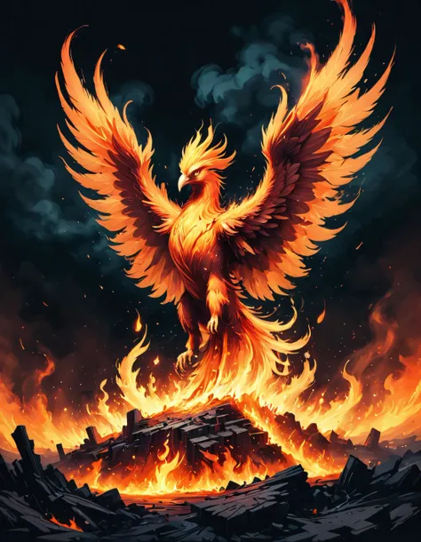 a bird with orange wings flying over a mountain of fire