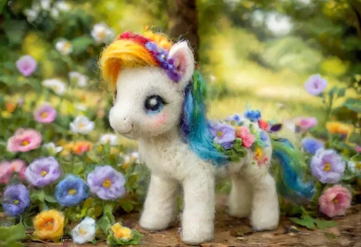 pamfelt, a ral-ltlpowny rainbow colored pony, flowers, forest, high quality, masterpiece, intricate, hdr