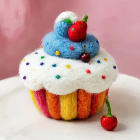 pamfelt, close up photo of a rainbow colored cupcake with one cherry on the top, beautiful cake texture, realistic, super detailed,food photography,high quality, masterpiece, intricate, hdr