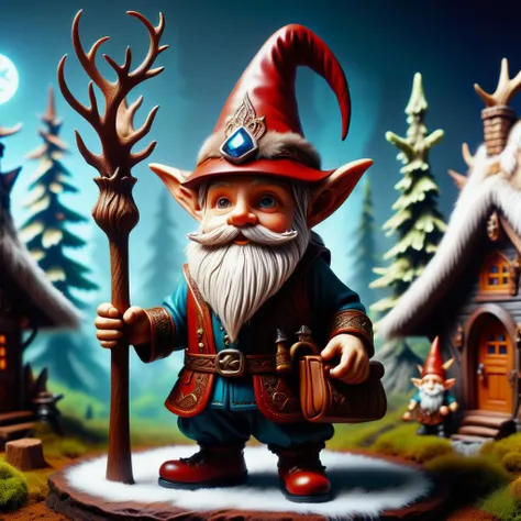 hyper detailed masterpiece, dynamic, awesome quality, DonMR31nd33rXL baal, mythical small gnome like beings, household spirits, dressed in traditional german clothing, pointy hat, beard, industrious helpful nature, perform household chores, night, benevole...