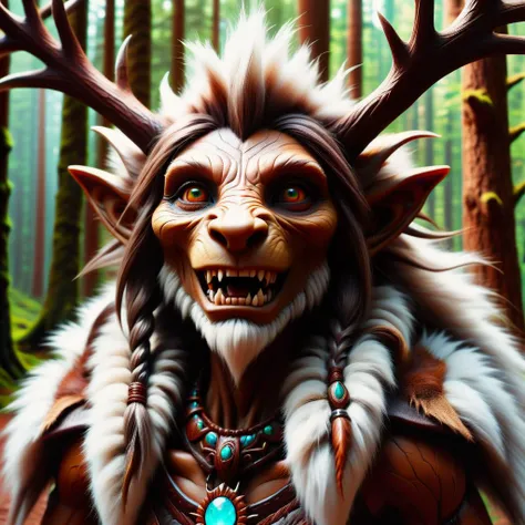 hyper detailed masterpiece, dynamic, awesome quality, DonMR31nd33rXL leather, fur, female  troll, mythical humanoid being,large, strong, 8 to 10 feet tall, deep forests, thick warty brown skin, large nose, pointy ears, jutting jaw, prominent teeth, deep-se...