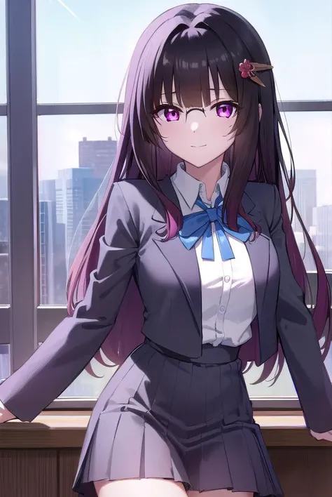 honkaisparkle, <lora:sparkle school uniform-lora-nochekaiser:1>,
sparkle school uniform, black hair, colored inner hair, glasses, hair intakes, hair ornament, hairclip, long hair, multicolored hair, (pink eyes:1.3), purple hair, straight hair, smile,
BREAK...