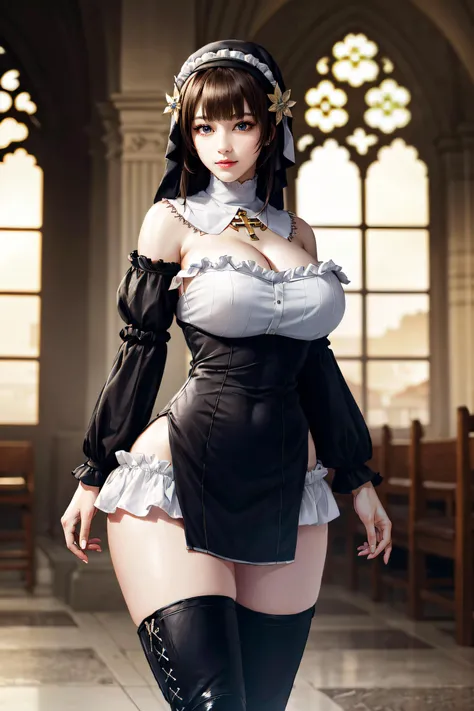 (masterpiece, best quality, ultra detailed, absurdres)1.5, 1girl, (sexy, beautiful woman, perfect face, perfect eyes, perfect female body, large breasts)1.5, (rabiane (sinisistar), rabiane, twin braids, nun, habit, detached collar, cross necklace, cleavage...