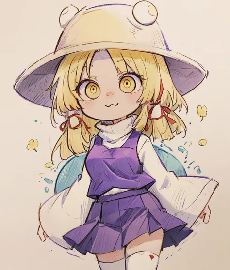 masterpiece, best quality, chibi, moriya suwako, long sleeves, blonde hair, turtleneck, white shirt, water, yellow eyes, purple vest, red ribbon, bangs, skirt set, hat, white thighhighs, wide sleeves, medium breasts, cute, [monochrome::0.6] sketch, graphit...