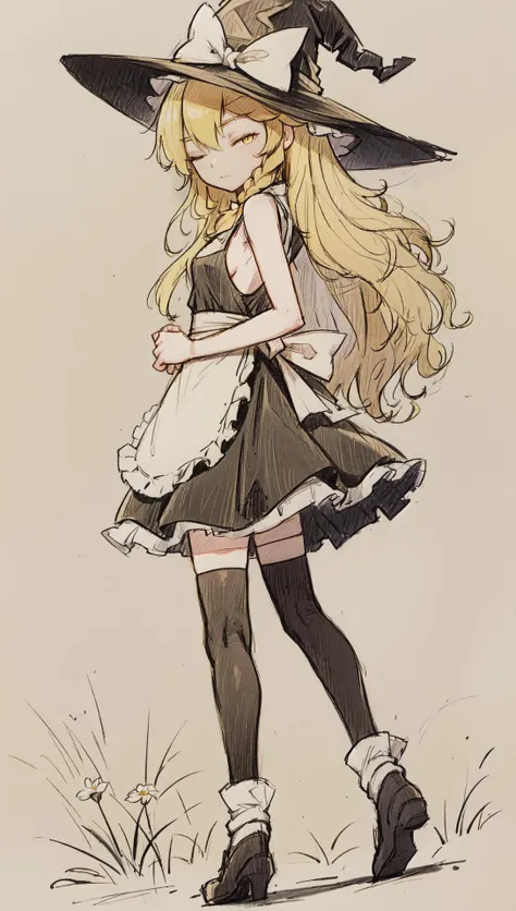 kirisame marisa, blonde hair, yellow eyes, black dress, waist apron, witch hat, frills, hat bow, standing, crossed ankles, from behind, looking back, one eye closed, medium breasts, (outdoors, nature, flower:1.15), thighhighs, full body, [monochrome::0.6] ...