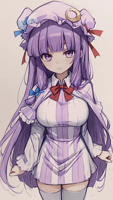 patchouli knowledge, striped dress, red bow, very long hair, crescent hat ornament, large breasts, purple hair, mob cap, long sleeves, red ribbon, thighhighs, blue bow, blunt bangs, hair ribbon, hair bow, purple eyes, crescent hair ornament, capelet, [mono...