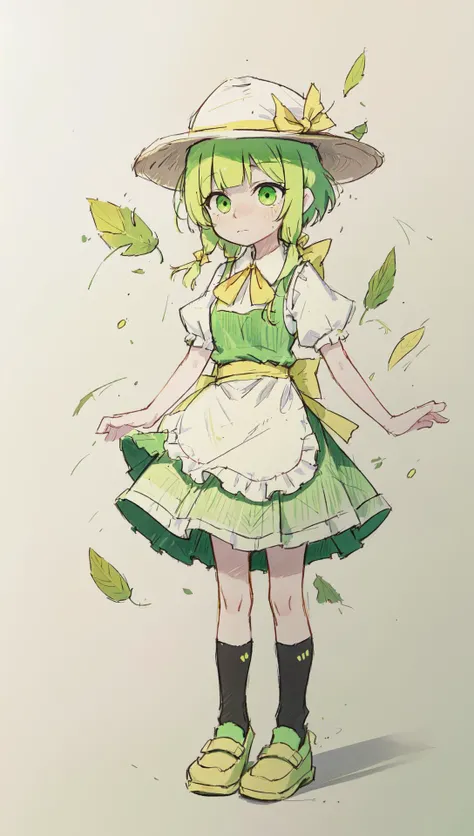 1girl, endured face puffy short sleeves, sidelocks, green hair, standing, short hair with (long locks:1.1), white apron, full body, bangs, kneehighs, frills, green dress, hat, yellow bow, shoes, waist apron, black socks, ribbon, green eyes, puffy sleeves, ...