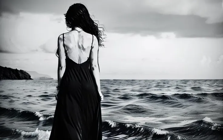 drawing, style by NTY, black and white <lora:Drawing1:1>, lady in long tight dress enter the deep water of sea only head and shoulders above the water, view from her back,