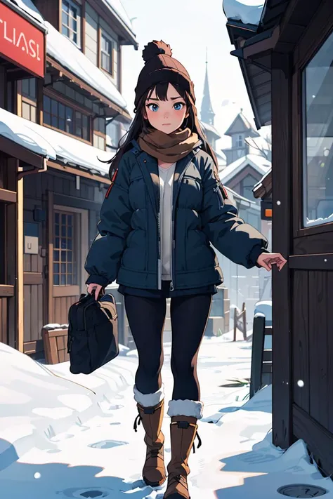 (masterpiece), best quality, highly detailed, detailed background, cinematic lighting, outdoor, 1girl, long hair, small breasts, winter jacket, hiking boots, beanie, scarf