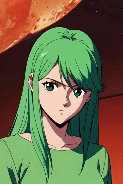 masterpiece, best quality, wallpaper, 1girl, coral eyes, green hair,, solo, looking at viewer, upper body, , , realistic, planetarium, 32k resolution, <lora:yu_yu_hakusho_style:1>, yu_yu_hakusho_style