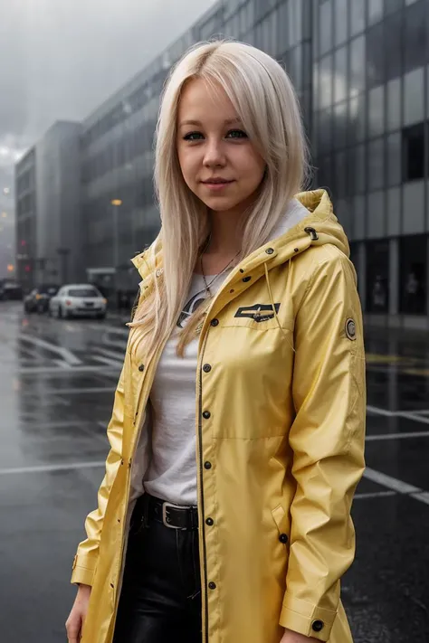 (Cinematic Shot:1.3) Tower13_Bianca  (skinny, slim, slender, narrow waist:1.3) ((Photo Focus, DOF, Aperture, insanely detailed and intricate, character, hypermaximalist, hyper realistic, super detailed, (lens flare))) (Wearing a Yellow Raincoat in the rain...