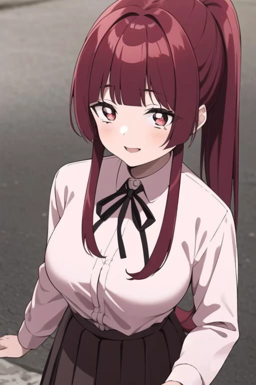 ((masterpiece, best quality)),1girl,standing,smile,large breasts,bangs, yaeka sakuragi,(pony tail), ((20 years old girl,adult)),collared_shirt,  long_hair, long_sleeves, looking_at_viewer,  pleated_skirt, ,neck_ribbon, red_hair,white shirt,pov,<lora:yaekam...