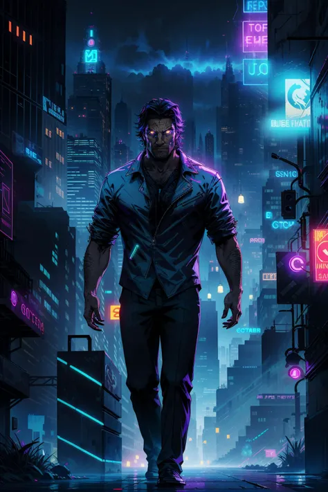 <lora:bigby-07a:0.6>, bigbyTWAS_soul3142, 1boy, facial hair, scar, top down shot, neon lights, city background, fog, cyberpunk, glowing eyes,