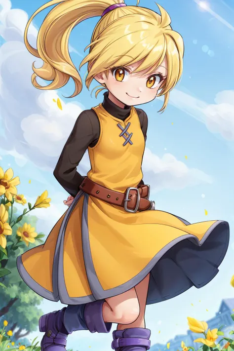 masterpiece,best quality,1girl,short,Yellow_(pokemon),blonde hair,[yellow eyes|grey eyes],bangs,ponytail,dress,belt,boots,tabard,purple footwear,smile,arms behind back,grass,plain,wind,blue sky,sunlight,dutch angle,<lora:Yellow:0.7>,<lora:Concept-control t...