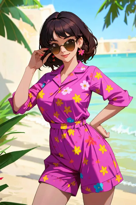 4K, Masterpiece, highres, absurdres, smiling,beautiful dark haired mod_woman, face focus , 
playsuit, a woman posing for a picture , wearing a playsuit, floral print, sunglasses, 
 <lora:Playsuit2:1>