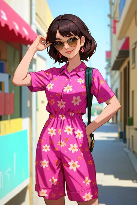 4K, Masterpiece, highres, absurdres, smiling,beautiful dark haired mod_woman, face focus , 
playsuit, a woman posing for a picture , wearing a playsuit, floral print, sunglasses, 
 <lora:Playsuit2:1>