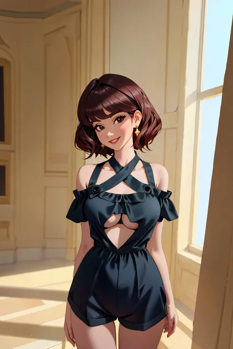 4K, Masterpiece, highres, absurdres, smiling,beautiful woman, face focus , 
playsuit, a woman in a black romper with cut out sides ,wearing a playsuit
 <lora:Playsuit2:1>