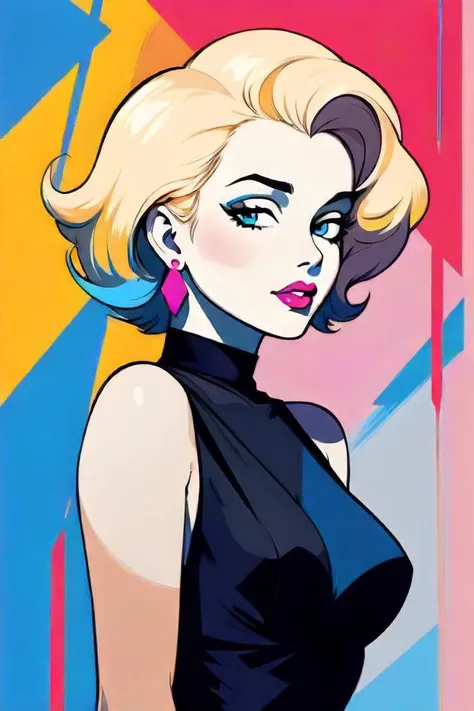 ASCIIthe image features a portrait of marilyn monroe, with a vibrant and colorful background. the art style appears to be inspired by pop art, characterized by its bold lines and bright colors.,the image portrays a woman with blonde hair, who is the centra...