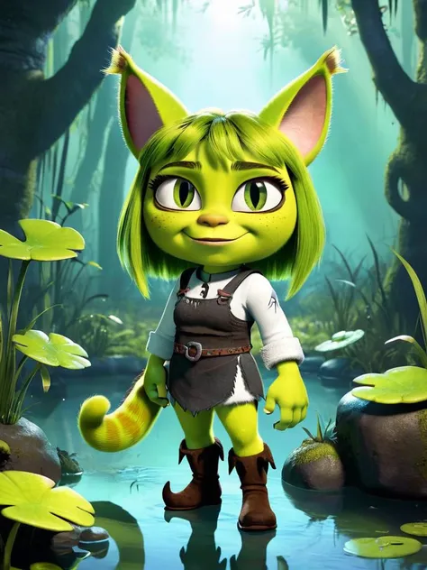 a cartoon character with green hair and green eyes standing in a swamp